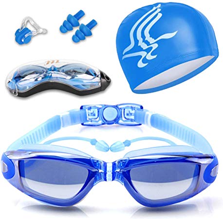 Yigou Swimming Goggles   Swim Caps Sets, No Leaking Swim Goggles Anti Fog UV Protection Swim Goggles Soft Silicone Nose Bridge for Men, Women, Adult, Kids