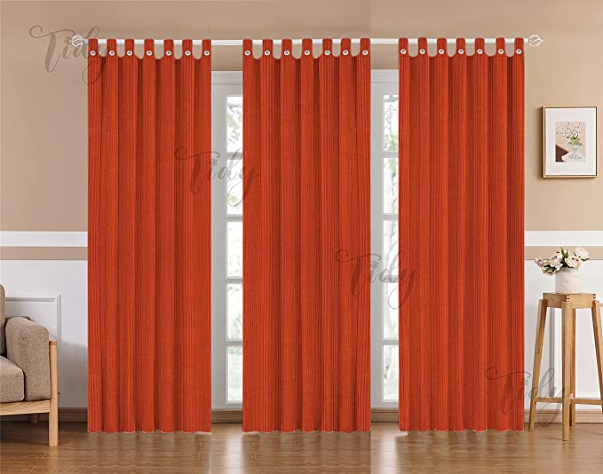 tidy Cotton Room Darkening Striped Pattern Loop Curtain, Size: 9 Feet Length x 4 Feet Width - Set of 3 Pieces (Red)