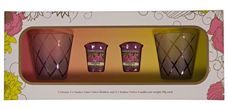 Yankee Candle ULTIMATE Gift Set TWO Lotus Flower Votive Holder Accessories & TWO Verbena Samplers Decorative Frosted & Coloured Indoor/Outdoor Glass Candle Containers for Fireplaces/Tables