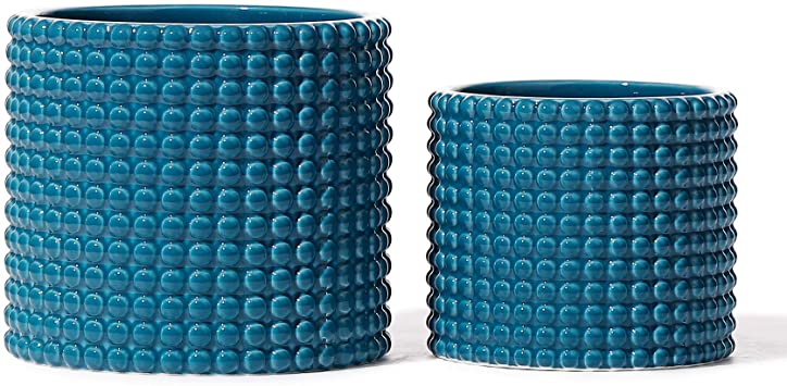 Teal Ceramic Vintage Style Hobnail Patterned Planter Pots - 6 and 5 Inch Containers with Watering Drain Plug for Indoor Succulent Plants or Flowers