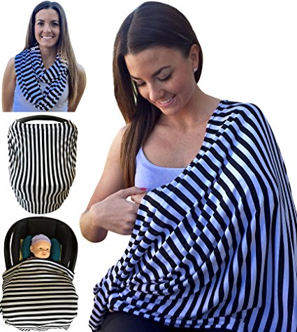 Mom & Bebe Nursing Cover / Scarf / Baby Car Seat Cover with Baby Bib, Black & White Stripe, 70 x 170 cm