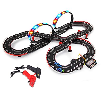 StarryBay 1/43 Scale Electric RC Slot Car Racing Track Sets Dual Speed Mode Race Track for Boys and Girls - Colorful LED Lights, Longer Track, 2 Slot Racing Car & 2 RC Handles Included