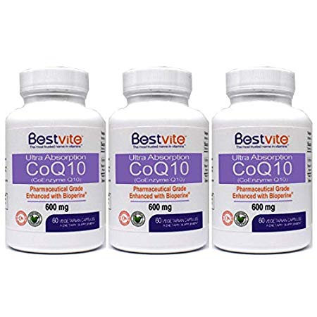 Coenzyme CoQ10 600mg with Bioperine (180 Vegetarian Capsules) (3-Pack) Naturally Fermented - No Stearates - No Fillers - Vegan - Non GMO - Gluten Free