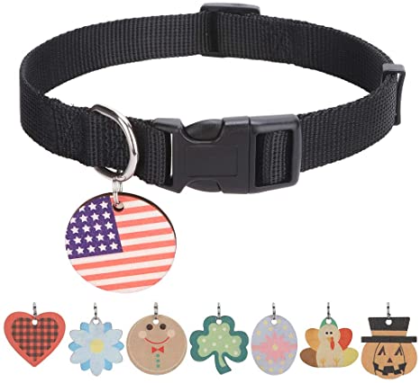 PUPTECK Dog Collar with Personalized ID Tags - 8 Pack Holiday Pendant with Soft Adjustable Black Pet Collar for Puppies, Cats and Small Dogs
