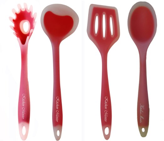 4-piece Kitchen Cooking Utensil Gadget Set - Made of One Piece Silicone. Includes; Ladle, Slotted Turner, Spoon, Pasta Fork.