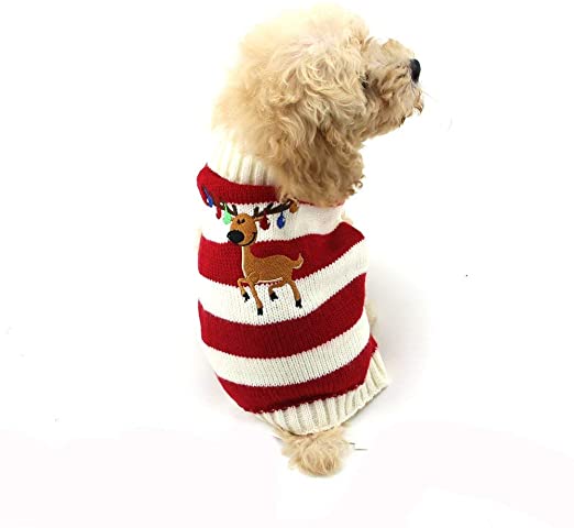DELIFUR Dog Christmas Reindeer Sweater Pet Winter Elk Bells Sweaters for Small Dog and Cat (S, Red)