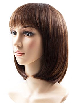 Rabbitgoo Short Bob Wig Straight Hair Wigs Natural As Real Hair Cosplay Wigs Neat Bangs Wigs 13.3" (Brown) Three Colors Available