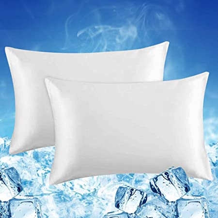 LUXEAR Cooling Pillowcase, 2 Pack Cooling Pillow Cover with Japanese Q-Max 0.55 Cooling Fiber, Breathable Soft, Cooling Eco-Friendly, Hidden Zipper Design, Standard Size(20x26 inches)-White