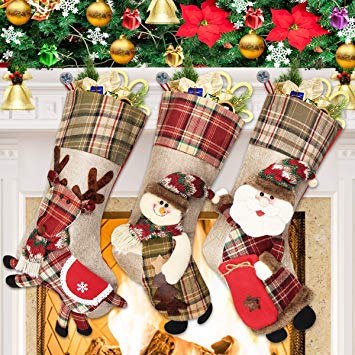 Dreampark Christmas Stockings, [3 Pack] Classic Plaid Xmas Stocking 18" Big Size - Santa Snowman Reindeer Character Christmas Decorations