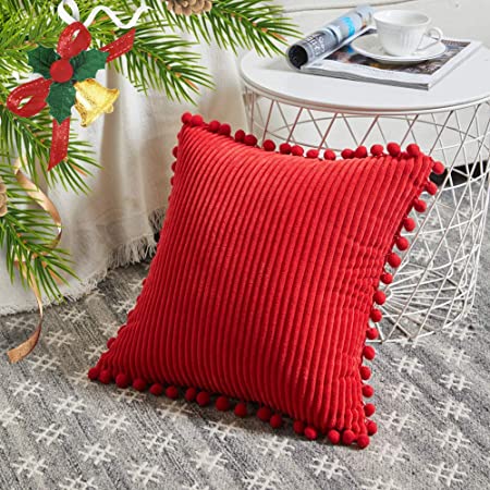 Fancy Homi Christmas Decorative Throw Pillow Covers with Pom-poms, Soft Corduroy Solid Square Cushion Pillow Cases for Couch Sofa Bedroom Car Living Room (18x18 Inch/45x45 cm, Red)