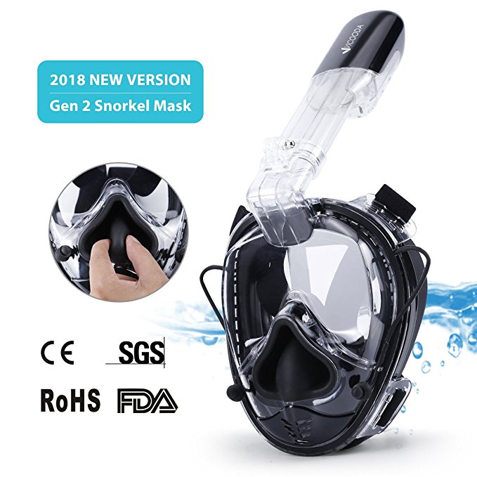 VICOODA Full Face Snorkel Mask for Kids and Adults【2018 New Version】,180°Panoramic View,Anti-Fog,Anti-Leak,One Size Snorkeling Mask with GoPro Mount,Fits All 30-50 Meters Deep Diving