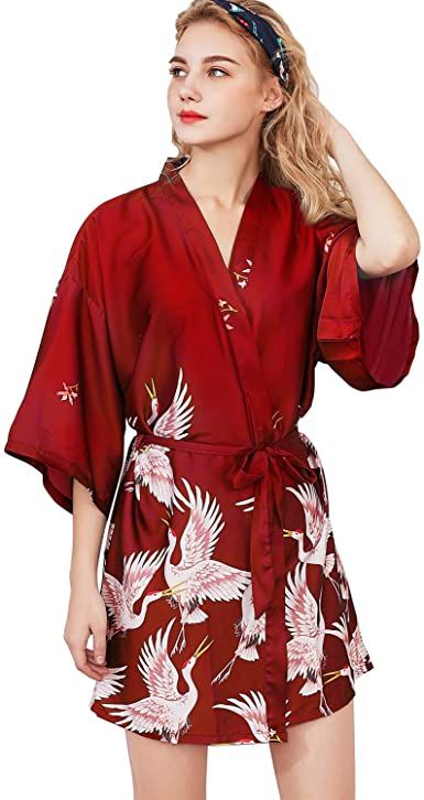 Shymay Women's Kimono Robe Satin Short Sleeve Silk Bridesmaid Wedding Party Nightgown Sleepwear