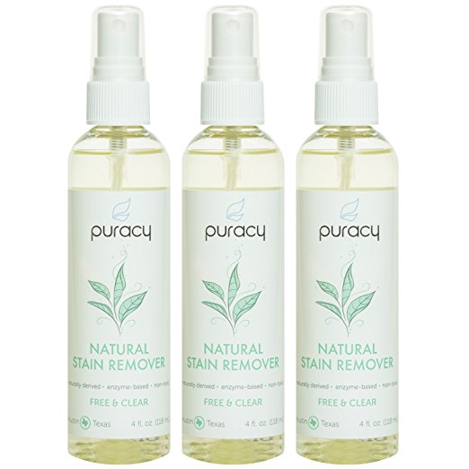 Puracy Natural Enzyme Stain Remover [3-Pack], BEST Travel Size Clothing Cleaner, Nontoxic Laundry Spot and Odor Eliminator, Safe for All Fabrics, Free & Clear, 4 Ounce Spray Bottle [Set of 3]