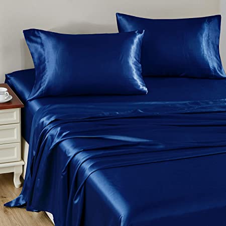 CozyLux Satin Sheets Twin Size 3-Pieces Silky Sheets Microfiber Navy Blue Bed Sheet Set with 1 Deep Pocket Fitted Sheet, 1 Flat Sheet and 1 Pillowcase Smooth and Soft