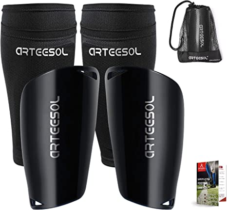 arteesol Soccer Shin Guards for Adult Youth Kids with Reduce Shocks & Injuries Shin Pads & Lightweight Breathable Compression Calf Sleeves Soccer Gear（Black Blue）