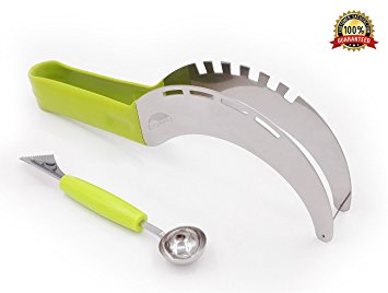 Funwhale Watermelon Slicer Server Slice Right with Melon Baller and Fruit Carving Knife (2 in 1) Stainless Steel - Easy to Use - Comfortable Rubber Grip