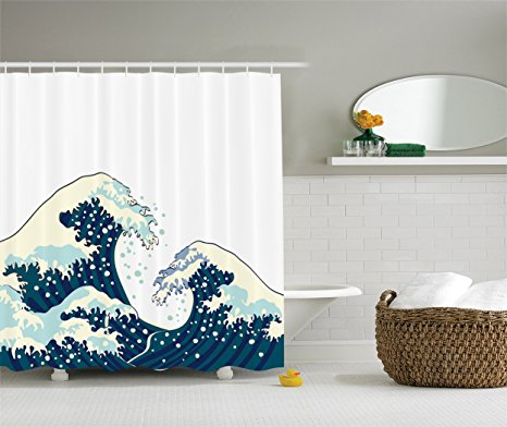 Navy and White Shower Curtain The Great Waves of Kanagawa Decor by Ambesonne, Japanese Illustration Ocean Design , Polyester Fabric Bathroom Set with Hooks, 75 Inches Long, White Navy CadetBlue