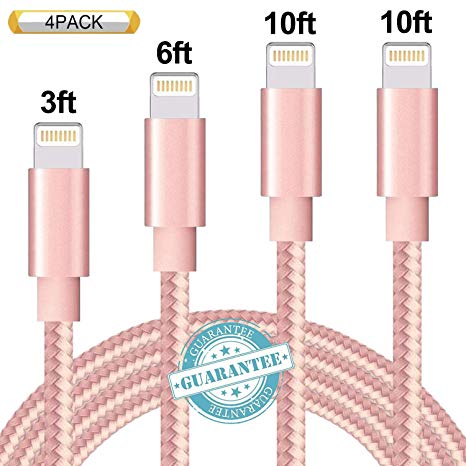 DANTENG Compatible with Phone Cable,Phone Charger 4Pack 3FT 6FT 10FT 10FT Nylon Braided Compatible with Phone Xs/XS Max/XR/X/Phone 8 8 Plus 7 7 Plus 6s 6s Plus 6 6 Plus Pad Pod Nano - Pink