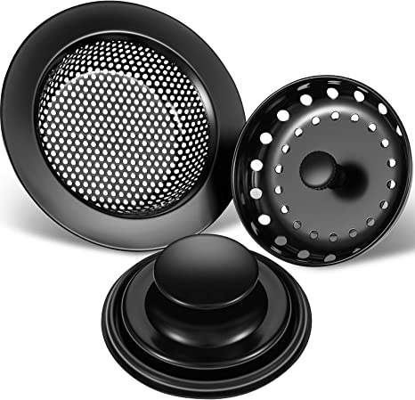 3 Pieces Kitchen Sink Stopper Strainer Garbage Disposal Plug, Stainless Steel Universal Anti-Clogging Kitchen Sink Filter Sieve Basket Strainer, Wide Rim for Kitchen Sink Drain (Black)