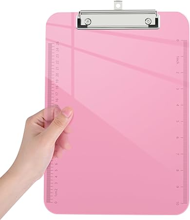 Piasoenc Plastic Clipboards, Translucent Clip Board with Low Profile, Purple Clipboard with Ruler,Office Clipboards, School Supplies, Letter Size 12.5 x 9 Inches, Pink