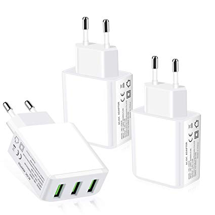 European Adapter, Eversame 3.1A 5V Multi USB Charger European Travel Charger Power Adapter Charging Plug Compatible for iPhone Xs/iPhone XR, iPad, Galaxy S9, LG, Moto, HTC (Pack of 3, White)
