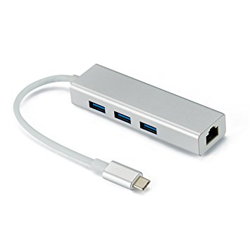 FirstE USB-C to 3-Port USB 3.0 Hub with Ethernet Adapter LAN Wired Network converter for USB Type-C Devices Including the new MacBook 2016, ChromeBook Pixel and More (Silver Aluminum)