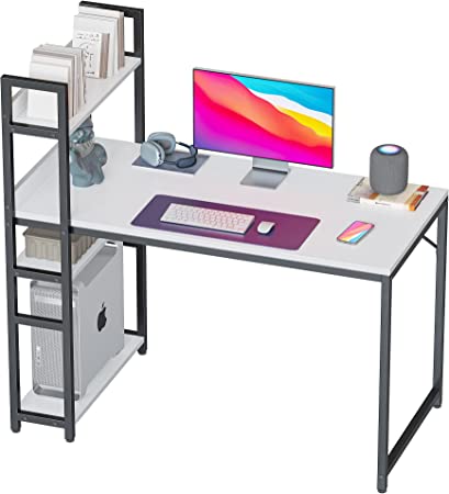 CubiCubi Computer Desk with 4 Tier Storage Shelves on Left or Right, 100x60x117 cm Study Writing Table with Bookshelf for Home Office, Modern Simple Style, Steel Frame, White