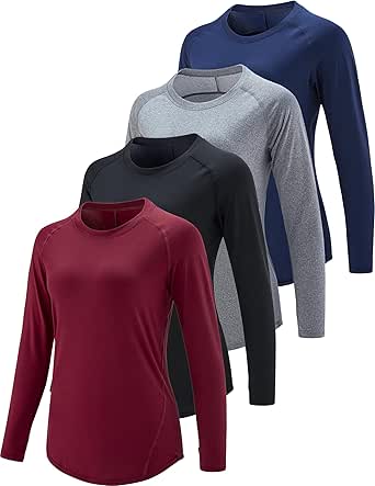 4 Pack Womens Long Sleeve Tops with Thumb Holes, Athletic Workout Shirts Dry Fit Crewneck Tees