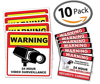 Video Surveillance Sticker Sign Decal - 10 Pack - Home Business Security Alarm Camera System Stickers - (4)5.5" x 5.5" & (6)3" x 4" inches - Warning Surveillance Sign - Robbery & Theft Prevention