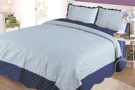 ZIGGUO Ultra Super Soft 3-Piece Luxury Queen Cotton Summer Quilt Bedspread Set- Wrinkle Resistant,Blue