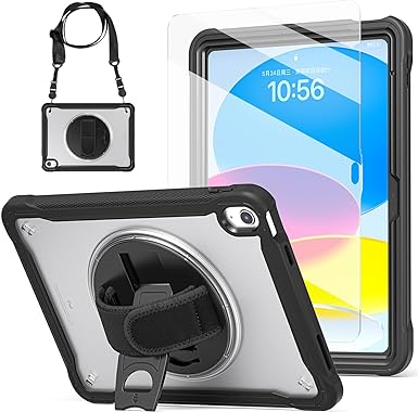 New iPad 10th Generation Case 10.9 Inch 2022 with Tempered Glass Screen Protector & Pencil Holder,BLOSOMEET Kids Case for iPad 10th Gen A2696/A2757/A2777 with Stand Hand Strap Shoulder Strap,Black