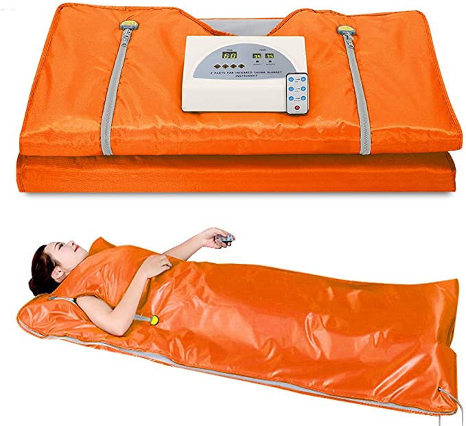 Lofan Portable Infrared Sauna Blanket, Digital Far-Infrared Heat Sauna Blanket 2 Zone, Personal Sauna for Relaxation at Home with 50 Packs Plastic Sheeting for Body Wrap,2020 Upgraded Version, Orange