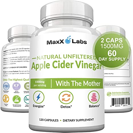 Raw Apple Cider Vinegar Capsules With Mother, 1500mg of Unfiltered, Pure, Natural, Energy Boosting, Detox ACV, Fast Weight Loss Pills For Women & Men, Bloating Relief. Gluten-Free, Non-GMO Supplements