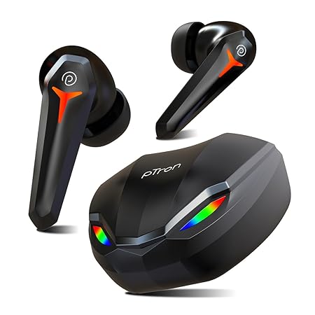 (Refurbished) pTron Newly Launched Bassbuds Razer TWS Earbuds, 40ms Gaming Low Latency, TruTalk AI-ENC Calls, Deep Bass, 45Hrs Playtime, HD Mic, in-Ear Bluetooth 5.3 Headphones, Type-C Fast Charging & IPX5 (Black)