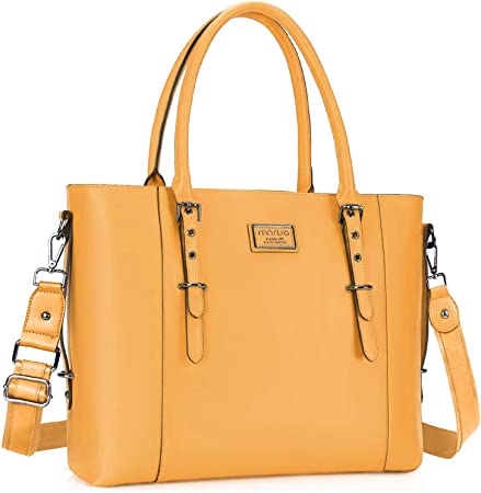 MOSISO PU Leather Laptop Tote Bag for Women (15-16 inch), Mustard Yellow