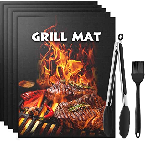 Xpatee 7-in 1 BBQ Grill Mat, Non-Stick Cooking Mat, Reusable Teflon Barbecue Baking Mat for Electric Grill Gas Charcoal BBQ, with Oil Brush and Grilling Tong, 15.75 x 13Inch