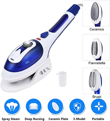 EEX Hand Held Steamer for Clothes, 30s Fast Heat-up Household Travel Portable Garment Steamer with Ceramic Soleplate - 2 Fabric Brush Included (220V, Blue)