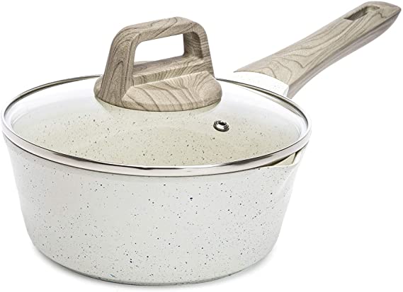 Ecolution Farmhouse Cast Aluminum Coated Saucepan with Ergonomic Wood Look Handle, Dishwasher Safe, Durable Non-Stick, 1.6 Quart, Cream Speckle