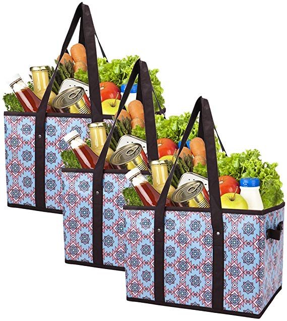 Foraineam Reusable Grocery Bags Set Durable Heavy Duty Tote Bag Collapsible Grocery Shopping Box Bag with Reinforced Bottom, Pack of 3