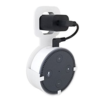 The Spot Outlet Wall Mount Hanger Stand - No Messy Wires or Screws - Multiple Colors - the Ultimate Holder Case for Round Dot Puck Speakers - Great for Kitchens and Bathrooms by Mount Genie (White)
