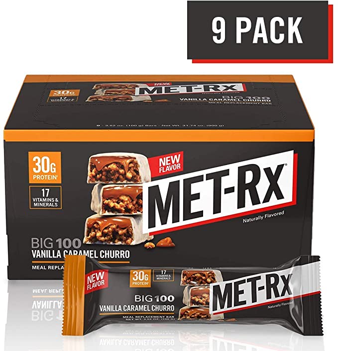 MET-Rx Big 100 Colossal Protein Bars, Great as Healthy Meal Replacement, Snack, and Help Support Energy, Gluten Free, Vanilla Caramel Churro, 100 g, 9 Count