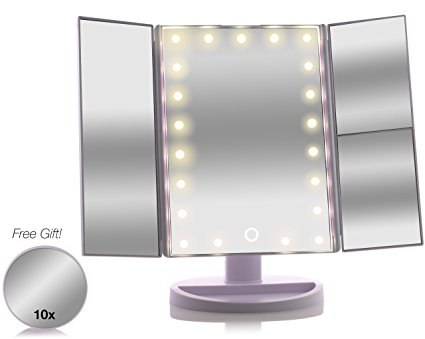 Asani Tri-Fold Lighted Magnification Makeup Mirror w/ 21 LED Lights & Touch Screen Controls - 1X / 2X & 3X Magnifying Cosmetic Vanity Mirrors - Travel Friendly Folding Design - Great Gift Idea (White)