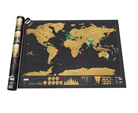 STW - World Map - Black with Golden Coating - Large 32.5 x 23.4 Inches World Interactive Travel Poster - Bright Colors Deluxe Edition