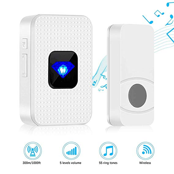 Wireless Doorbell, Mini Wall Plug-in Door Chime Kit IP55 Waterpoof Portable Doorbell Door Entry Bell with 1000ft Range, 55 Melodies, 5 Volume Levels and LED Flash