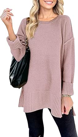 MEROKEETY Women's 2024 Fall Casual Crew Neck Side Split Pullover Sweater Loose Long Sleeve Jumper Top