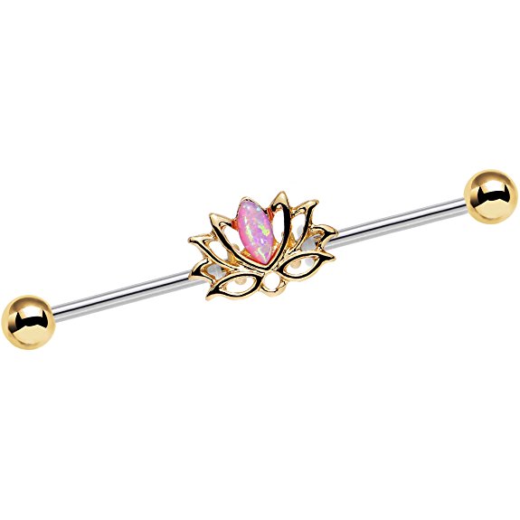 Body Candy Stainless Steel Pink Synthetic Opal Lotus Industrial Barbell 14 Gauge 38mm