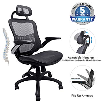 Ergonomic Office Chair, 5 Years Warrenty Weight Support 300Ibs,High Back Mesh Office Chairs with Adjustable Headrest,Backrest and Flip-up Armrests,Executive Office Chair for Height Under 6'