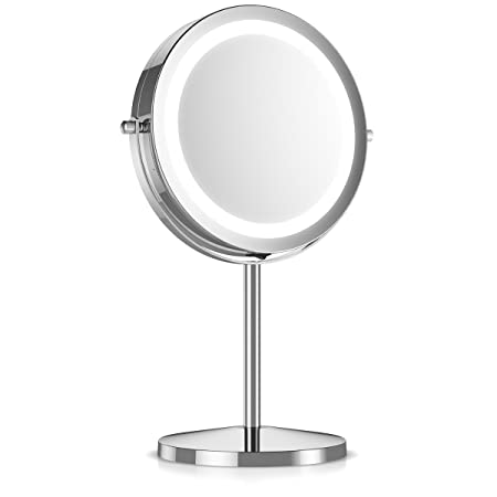Navaris LED Illuminated Makeup Mirror - Two-Sided Vanity Mirror with Normal and 5x Magnification - 2-in-1 360° Swivel Cosmetics Mirror - Silver
