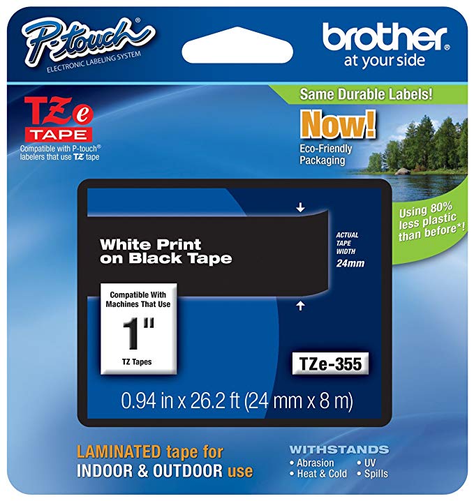 Brother Genuine P-touch TZE-355 Tape, 1" (0.94") Wide Standard Laminated Tape, White on Black, Laminated for Indoor or Outdoor Use, Water-Resistant, 0.94" x 26.2' (24mm x 8M), Single-Pack, TZE355