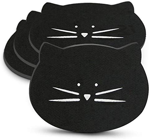 Koolkatkoo Drink Absorbent Cat Mug Coaster Set for Women Girls, Felt Material Personalized and Cute Coffee Cup Coasters for Cat Lovers Set of 4 Black